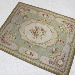 Miniature Carpet  Romantic Aubusson Green and Beige With Roses in Several Scale Sizes