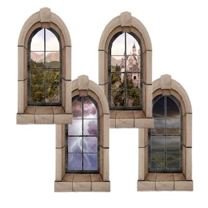May include: Four arched windows with different views. The top left window shows a green forest with mountains in the distance. The top right window shows a castle with a white facade and a red roof. The bottom left window shows a stormy sky with lightning. The bottom right window shows a cloudy sky with a field in the distance.