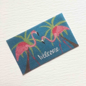 Miniature  Retro Flamingos Doormat or Rug  in Teal Pink and Lime in Half Scale or Dollhouse or Playscale