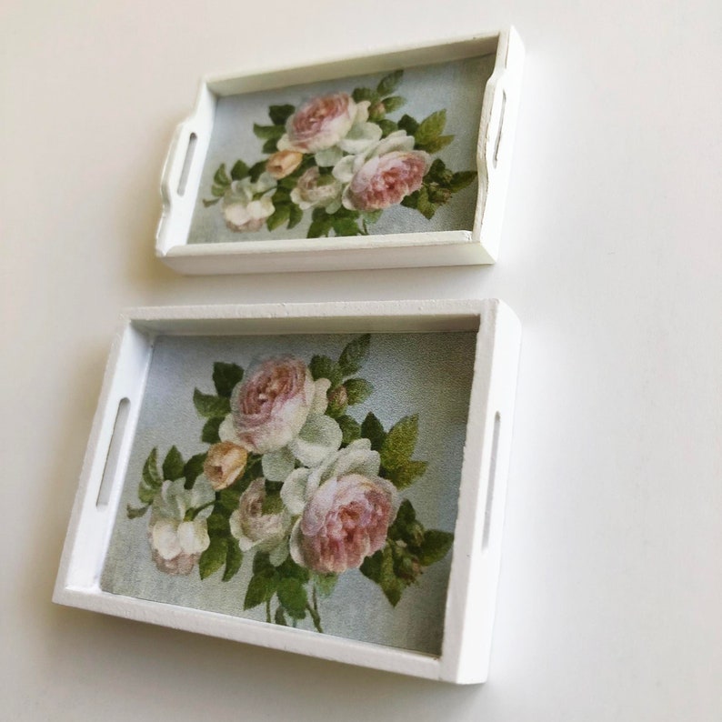Miniature 1:12 Scale White Shabby Cottage Roses Decorative Serving Tray image 2