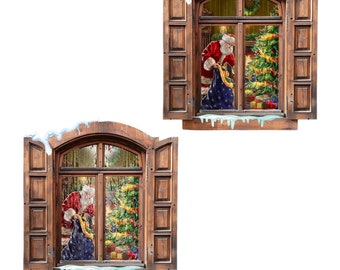 Santa Placing Gifts Under Christmas Tree in a Miniature PAPER Shuttered Window