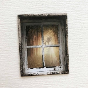 Faux Miniature Shabby Window With View of a Female Ghost Walking in the Woods 1/24 or 1/12 Scale Paper Prop