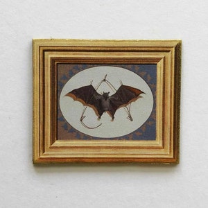 Dollhouse Miniature FAUX Framed Paper Reproduction Trompe L&#39;oeil Painting of Mounted Bat Specimen