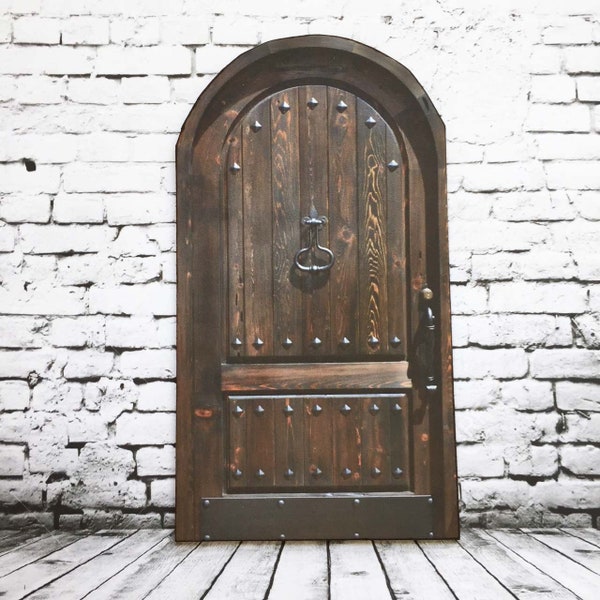 Miniature  Castle  Door Arched Wood Look Studded PAPER Faux Door 1/48 up to 1/6 Scale Sizes for Roombox or Diorama