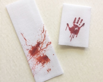 Miniature Hand Towels Set of Two With Look of Bloody Hand Print and Blood Splatter in 1/24 or 1/12 Scale