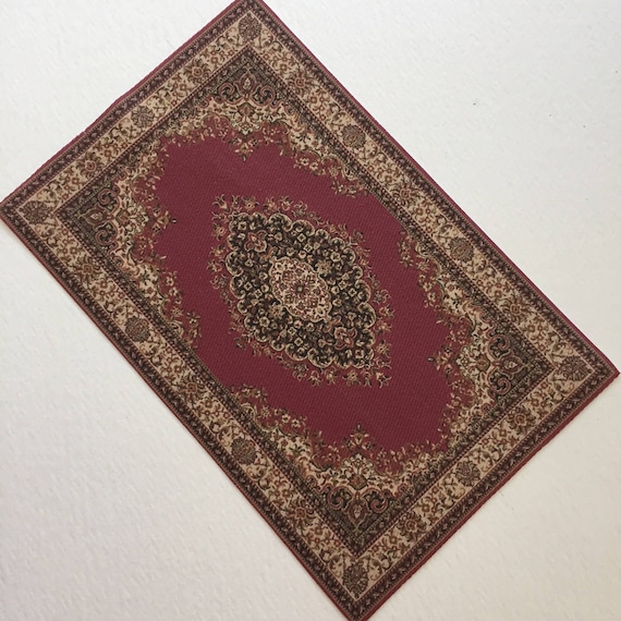 Miniature Victorian Carpet in Red With Black and Cream in 1 24 1