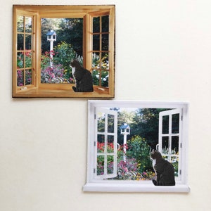 Miniature Faux PAPER Window with Cat Looking at Birdhouse in Garden