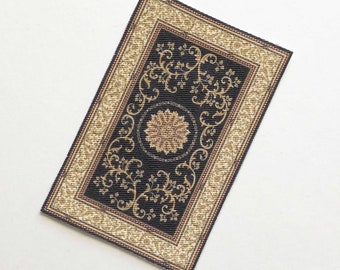 Gold Scrollwork on Black Miniature Rectangular Rug In Several Scale Sizes