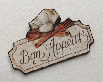 Scale Miniature Bon Appetit Sign With Chefs Hat and Wooden Utensils