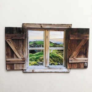 View of Irish Landscape and Rocky Ruins Faux Rustic Shuttered Window PAPER Miniature