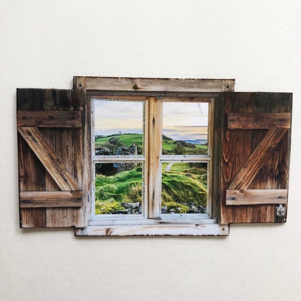 View of Irish Landscape and Rocky Ruins Faux Rustic Shuttered Window PAPER Miniature