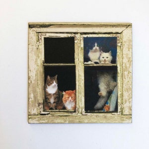 Crazy Cat Person Faux Miniature  PAPER Window With Cats Peering Out in 1/48, 1/24, 1/12  or 1/6 Scale Prop