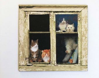 Crazy Cat Person Faux Miniature  PAPER Window With Cats Peering Out in 1/48, 1/24, 1/12  or 1/6 Scale Prop