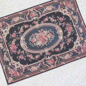 Dollhouse Miniature Aubusson Rug Floral on Black and Midnight Blue Background 1:12 scale