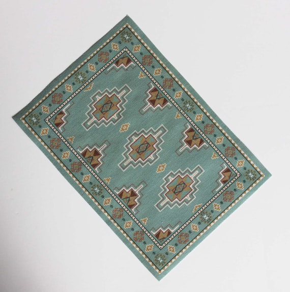 Miniature Dollhouse or Playscale Rug Indian Blanket Design in Aqua