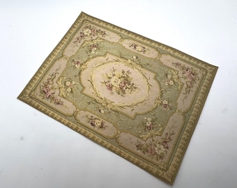 Miniature Carpet  Romantic Aubusson Green and Beige With Roses in Several Scale Sizes