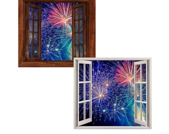 Window View of Fireworks in Sky a PAPER Faux Miniature of Your Choice