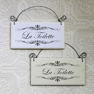La Toilette French Bathroom Sign Paper Decoupaged on Tile