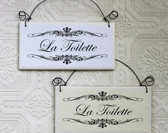 La Toilette French Bathroom Sign Paper Decoupaged on Tile