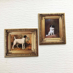 Dollhouse Miniature Paper FAUX Gold Framed Vintage Paintings of Dogs Prop Miniature Set Number One