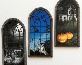 Miniature Gothic Halloween PAPER Window: Graveyard, Bats, Pumpkins (1/24 or 1/12 Scale)
