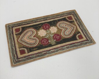 Hearts and Flowers Dollhouse Miniature Reproduction of a Vintage Hooked Rug
