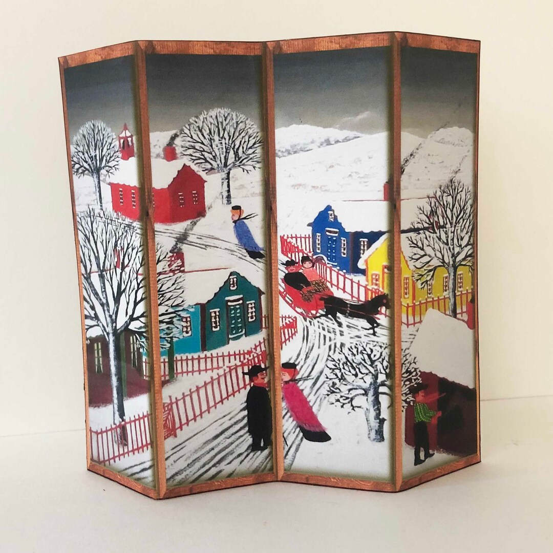 Miniature Folk Art Folding Screen, Winter Village Scene (1/12 or 1/24 ...