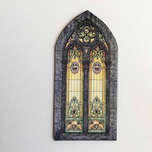 Gothic Cathedral or Castle PAPER Faux Windows With Stained Glass Image Miniatures in 1/48, 1/24, 1/12 and 1/6 Scale one in middle