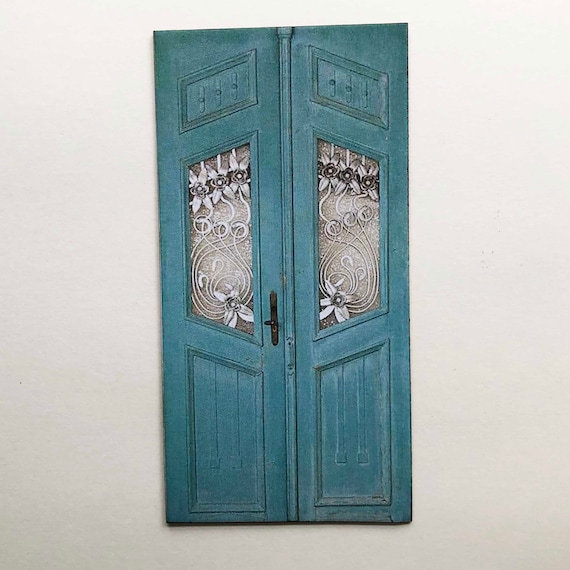 Miniature Door Aqua Blue Art Nouveau PAPER Reproduction in 1 48 1