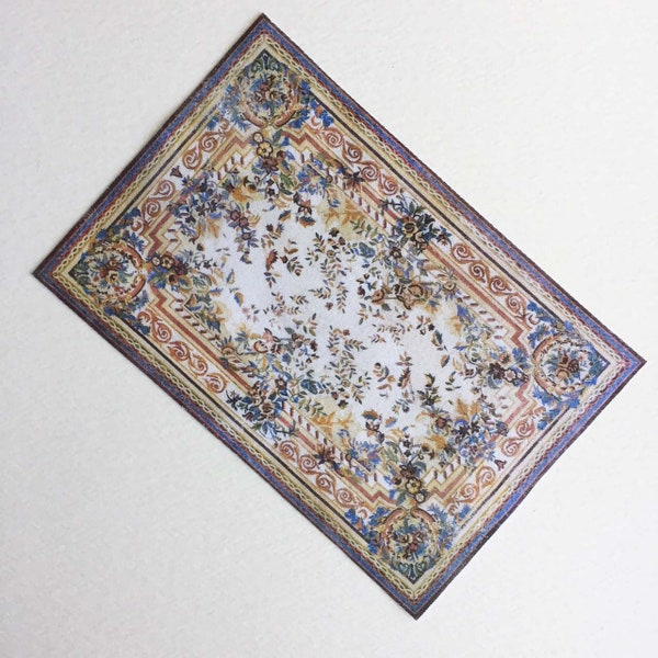 Alfombra Aubusson floral en miniatura azul y dorada