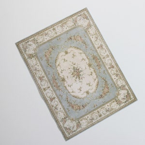 Miniature Dollhouse Rug French Aubusson Light Gray Blue Cream with Roses