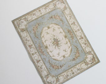 Miniature Dollhouse Rug French Aubusson Light Gray Blue Cream with Roses
