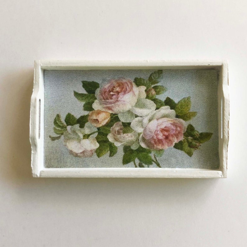 Miniature 1:12 Scale White Shabby Cottage Roses Decorative Serving Tray SMALLER