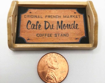 Miniature  New Orleans Cafe du Monde  1/12 Scale Natural Wood Decorative Serving Tray