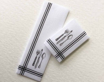 Miniature Kitchen Tea Towels With Knife Spoon Fork Image in 1/24 or 1/12 Scale for Dollhouse