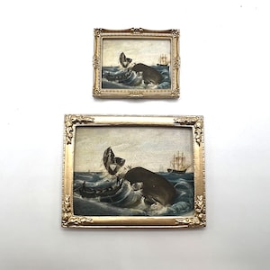 Miniature  Gold Framed Canvas Print of Vintage Whale and Whaling Ship Choice of Frame
