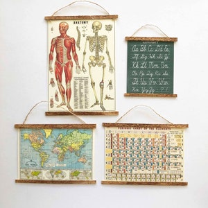Miniatur-Reproduktionen im Maßstab 1:24 und 1:12 von einer Vintage Schul Klassenzimmer Karte und einem Periodensystem