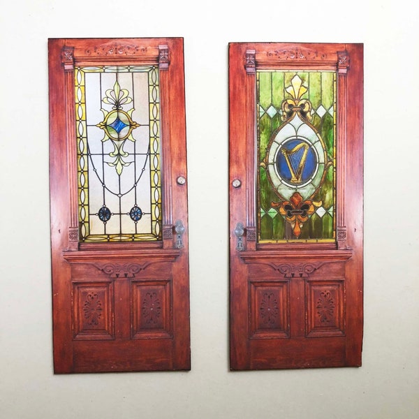 Victorian Eastlake Wood and Stained Glass Look PAPER Prop Doors in Miniature Scale