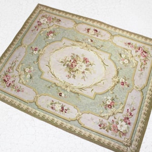 Miniature Carpet  Romantic Aubusson Green and Beige With Roses in Several Scale Sizes