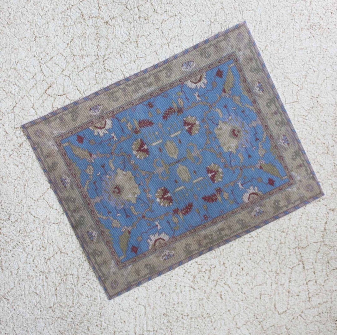 Dollhouse Miniature Oriental Rug Blue and Beige in Half Scale, 112 and