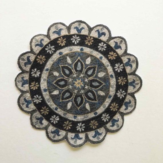 Miniature Round Scallop Edge Rug in Brown Gray and Blue Etsy