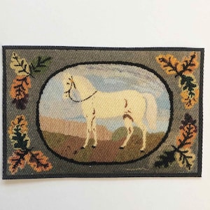 Miniature White Horse and Leaf Border Reproduction of Vintage Rug
