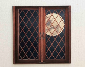 Faux Miniature Window With View of Full Moon in a Dark Night Sky  Paper Prop Spooky Eerie