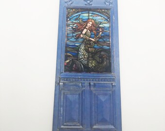 Miniature PAPER Door Shabby Blue  with MERMAID 'Stained Glass" Look Window