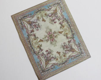 Shabby Blue Miniature Rug With Roses French Aubusson in Half Scale, Dollhouse and Playscale