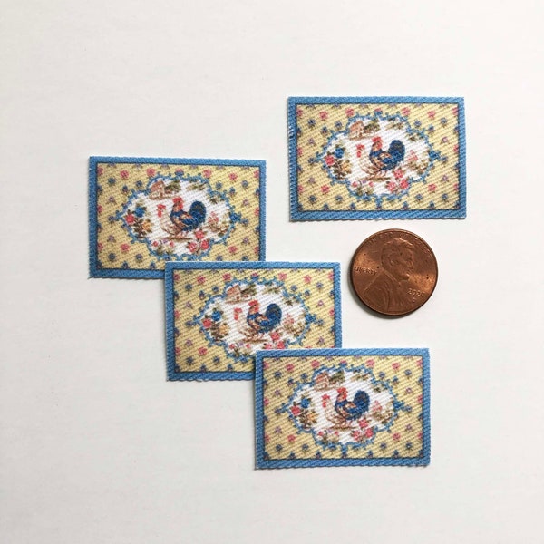 Dollhouse Miniature Fabric Placemat Set of Four Country French Roosters Blue and Yellow 1:12 Scale to Cut Out