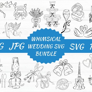 Whimsical Wedding SVG Clipart Bundle with Illustrations, Icons, Doodles for Wedding Invitations, Menu, Bridal Invites, Wavy Squiggle Borders