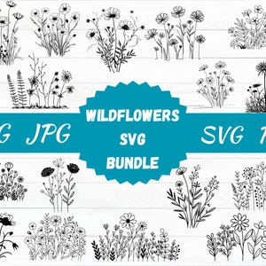 Svg de fleurs sauvages, lot de svg de fleurs sauvages, svg de cadre floral, svg monogramme fractionné, bouquet SVG, svg floral, svg nature, svg de croquis de fleurs