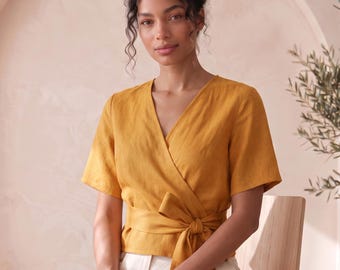 Top corto 100% lino, top cruzado de lino para mujer, top de lino de verano, blusa de lino para mujer, blusa de lino orgánica, top kimono de lino, blusa de lino de tallas grandes