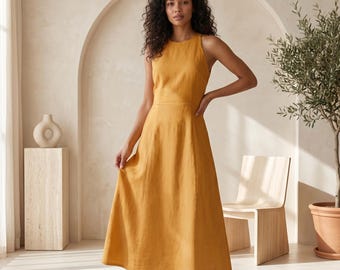 Vestido de lino 100% para mujer, elegante vestido de lino, vestido de lino de verano, vestido de lino sin mangas, vestido largo de lino, vestido de verano de lino, vestido de lino de tallas grandes
